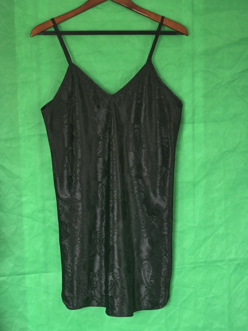 Vintage Sears Impressions Black Satin Slip Dress Sz 12–14 Floral Jacquard 80's